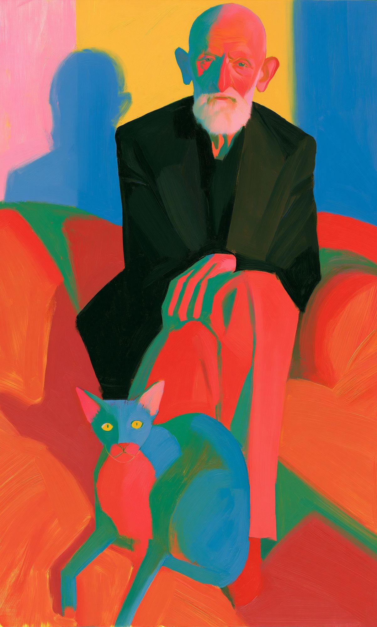 Elderly Man and Cat Portrait Print. poster detail