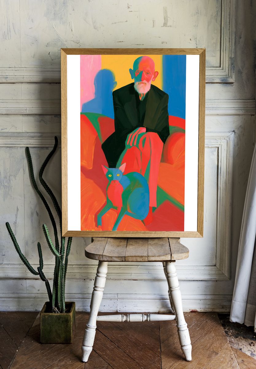 Elderly Man and Cat Portrait Print. room preview