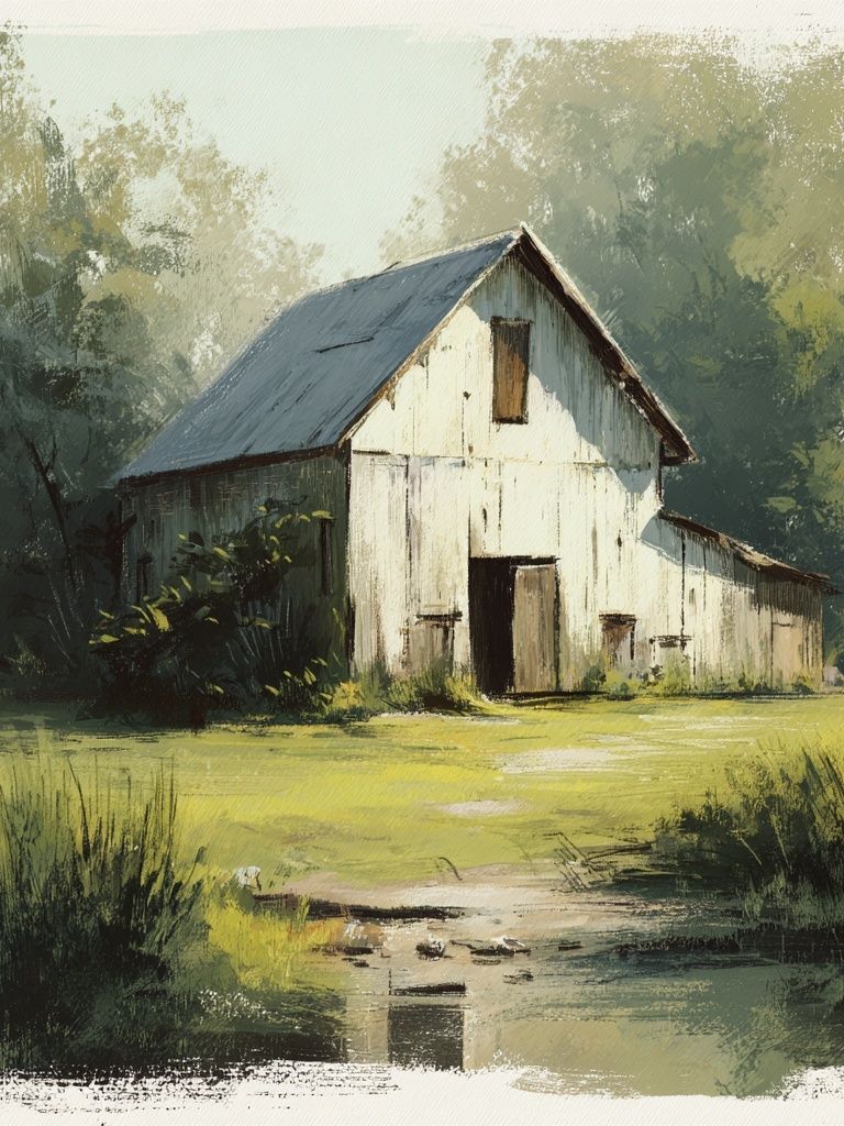 Rustic Barn Landscape Painting Poster. poster detail