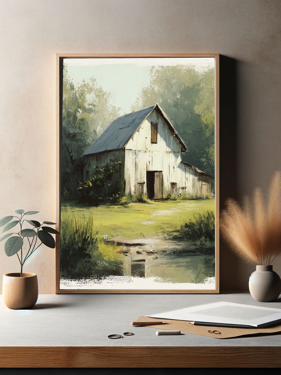 Rustic Barn Landscape Painting Poster. — room view 2