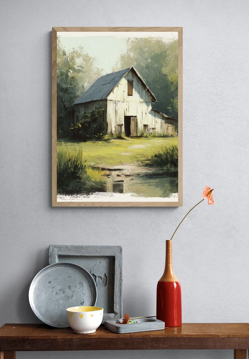 Rustic Barn Landscape Painting Poster. — room view 3