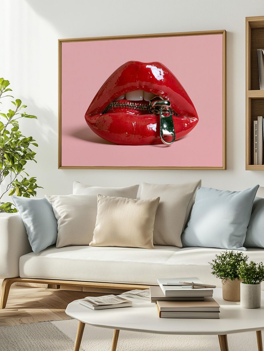 Glossy Red Lips Typography Poster. — room view 2