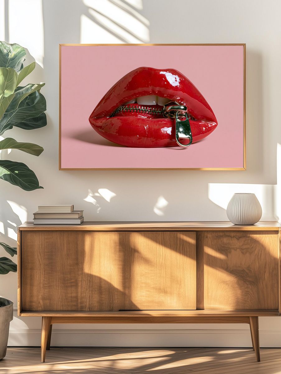 Glossy Red Lips Typography Poster. — room view 3