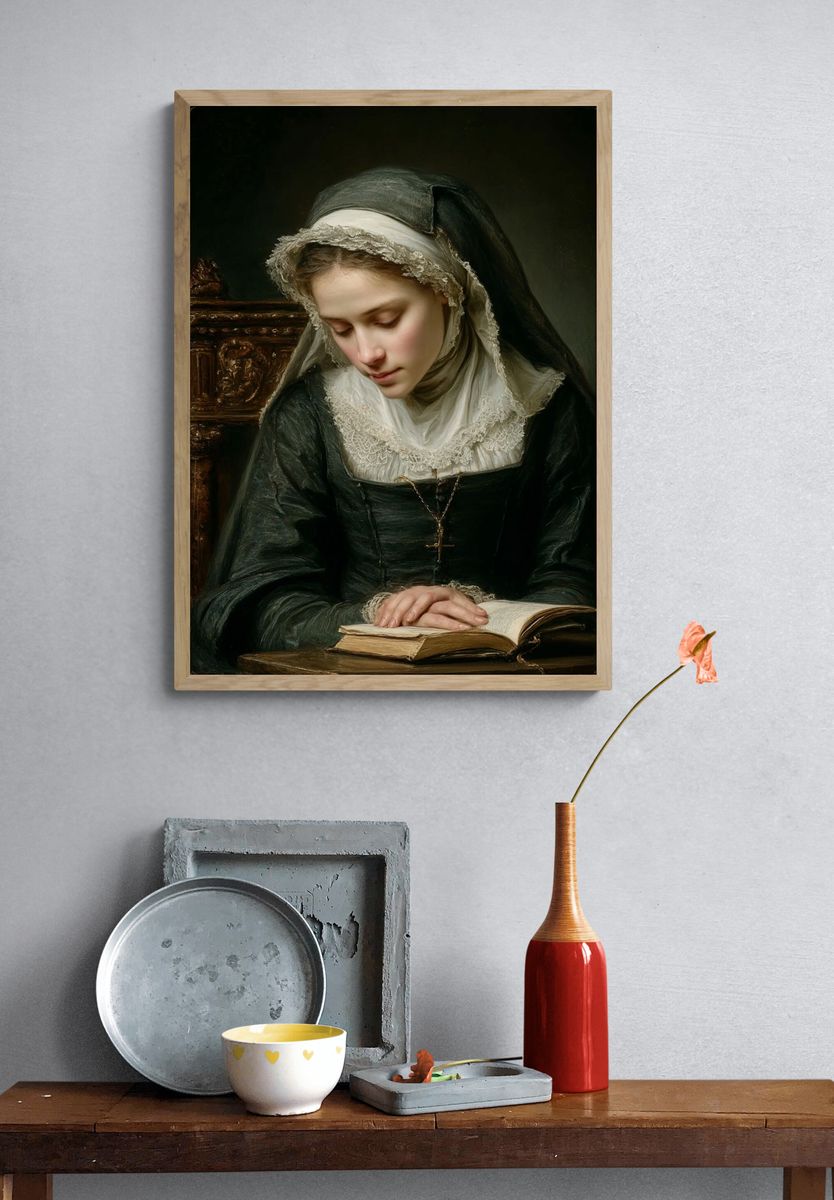 Praying Nun Portrait Print. — room view 3