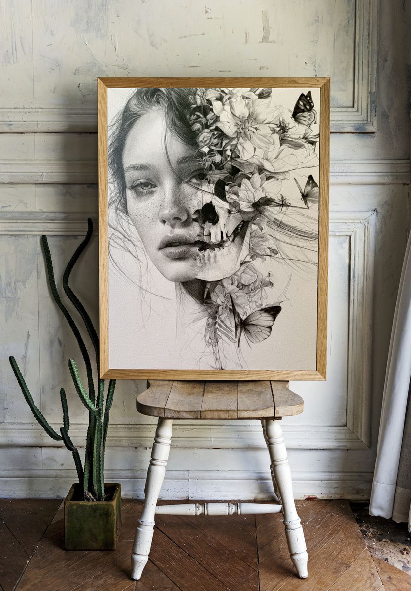 Floral Butterfly Portrait Print. room preview