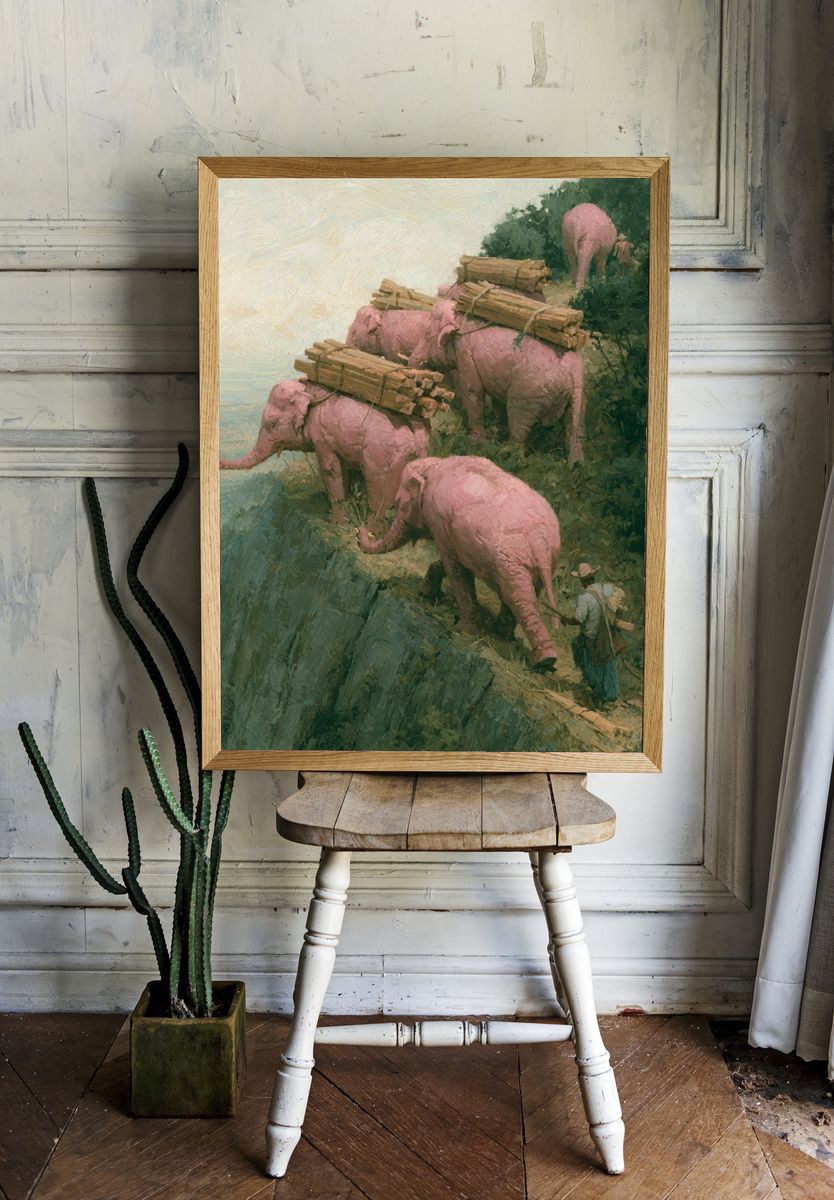 Pink Elephants Cliffside Painting Poster. — room view 1