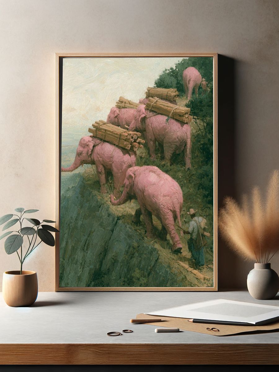 Pink Elephants Cliffside Painting Poster. — room view 2