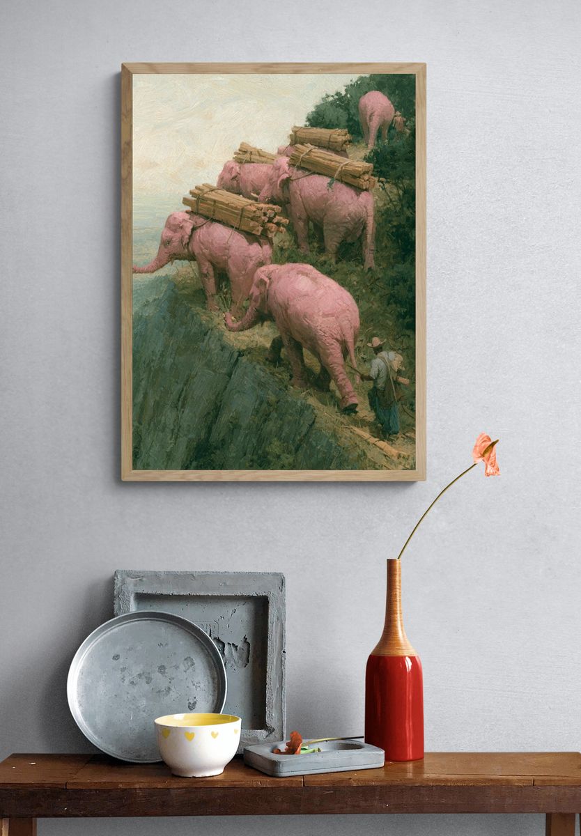 Pink Elephants Cliffside Painting Poster. — room view 3