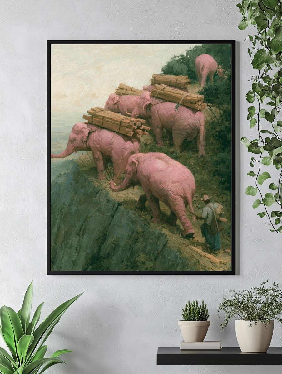 Pink Elephants Cliffside Painting Poster. — room view 4