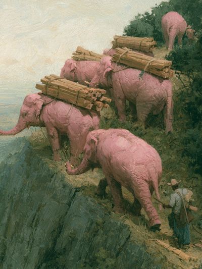 Pink Elephants Cliffside Painting Poster.