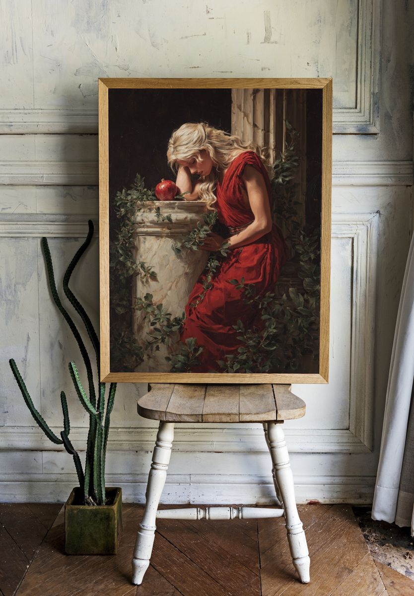 Woman in Red with Apple — Fine Art Print. — room view 1
