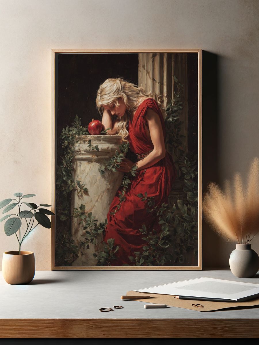 Woman in Red with Apple — Fine Art Print. — room view 2