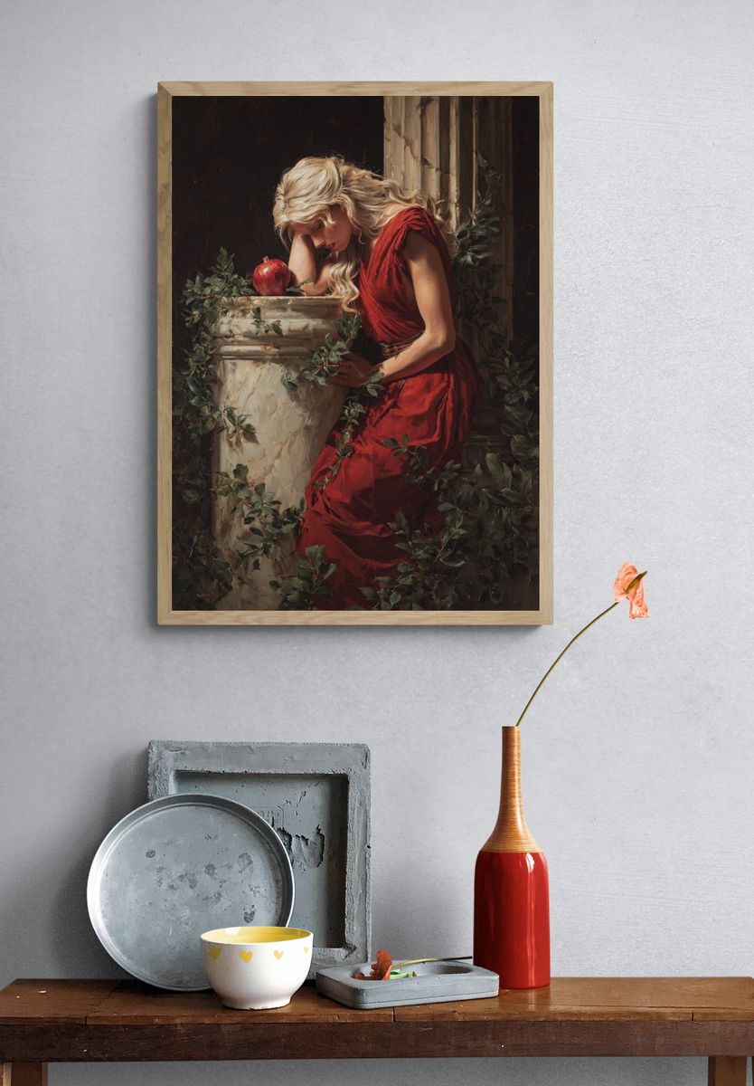 Woman in Red with Apple — Fine Art Print. — room view 3