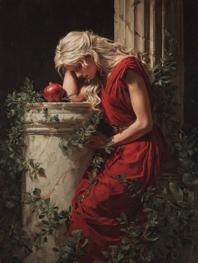Woman in Red with Apple — Fine Art Print. poster