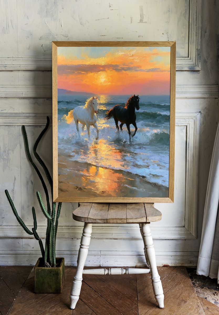 Sunset Horses on the Shore Print. room preview