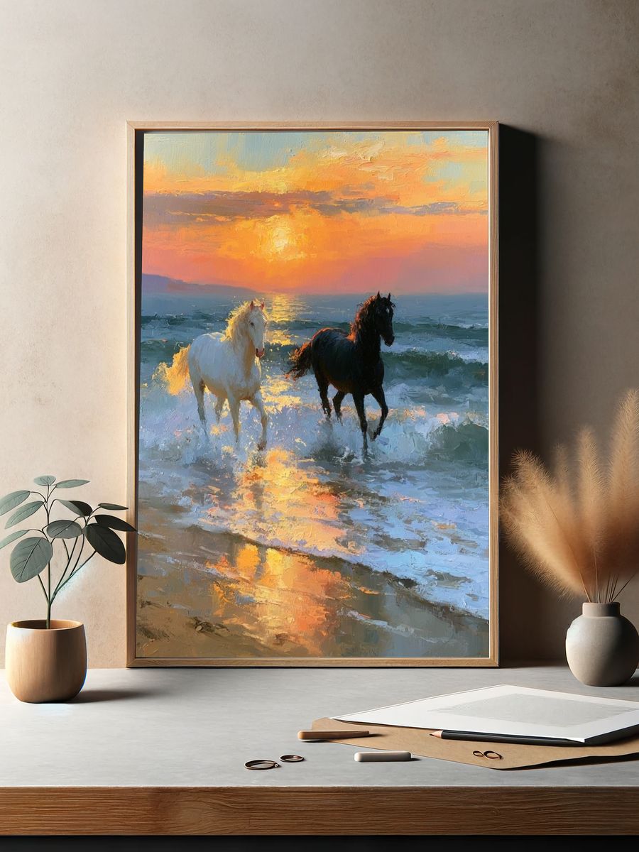 Sunset Horses on the Shore Print. — room view 2