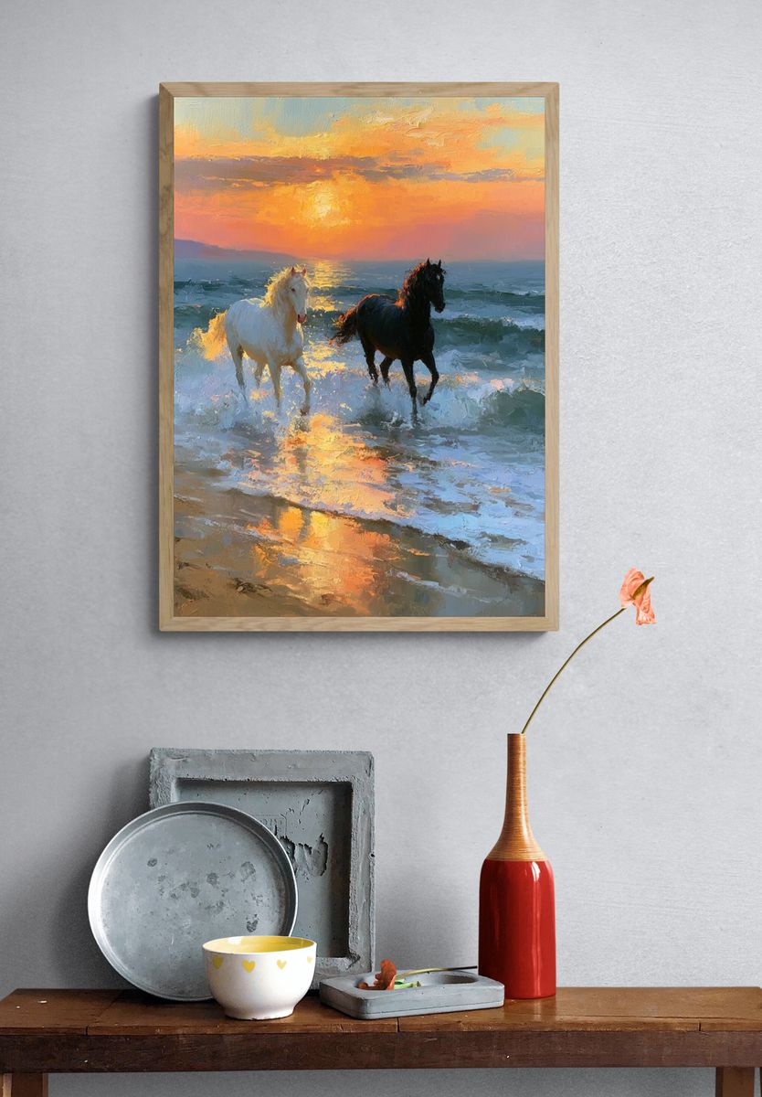 Sunset Horses on the Shore Print. — room view 3