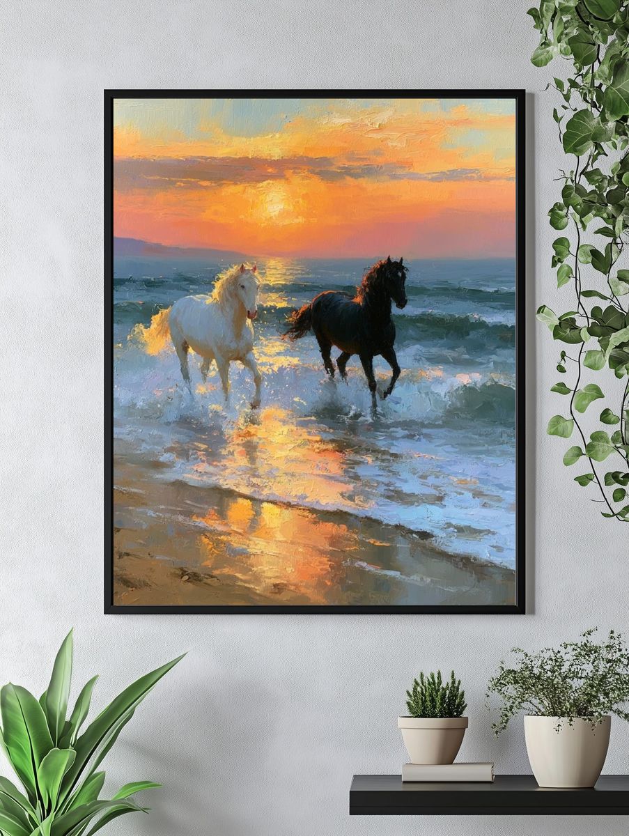 Sunset Horses on the Shore Print. — room view 4
