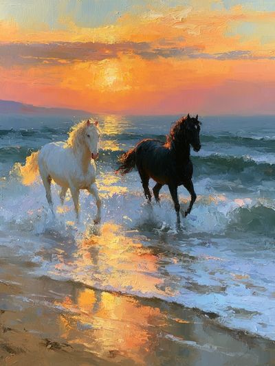 Sunset Horses on the Shore Print. poster