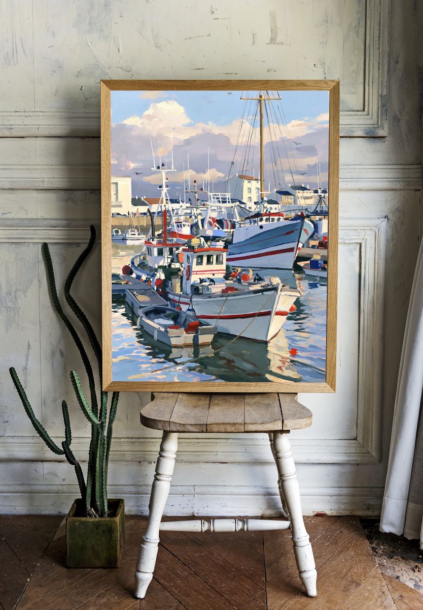 Harbor Boats Oil Painting Poster. — room view 1