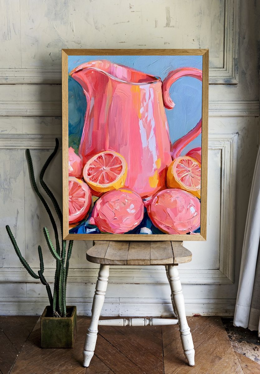 Pink Citrus Still Life Print. room preview