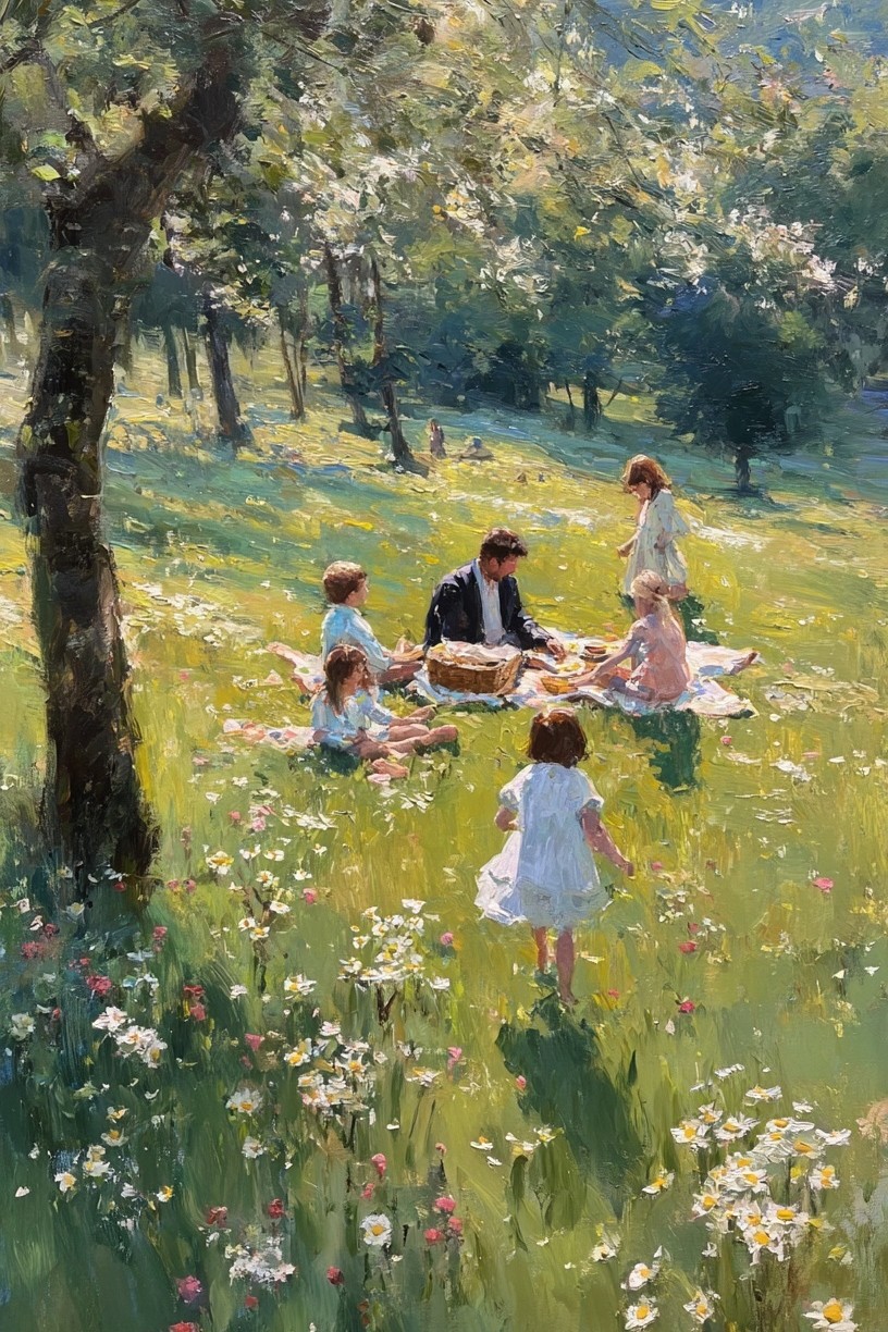 Family Picnic in Bloom — Fine Art Print. poster detail