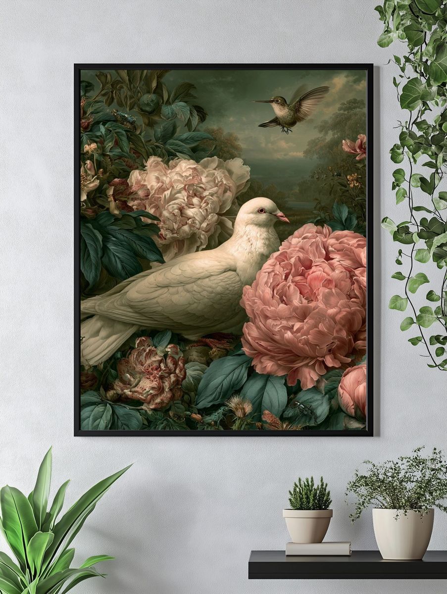 Dove and Peonies Fine-Art Poster. — room view 4