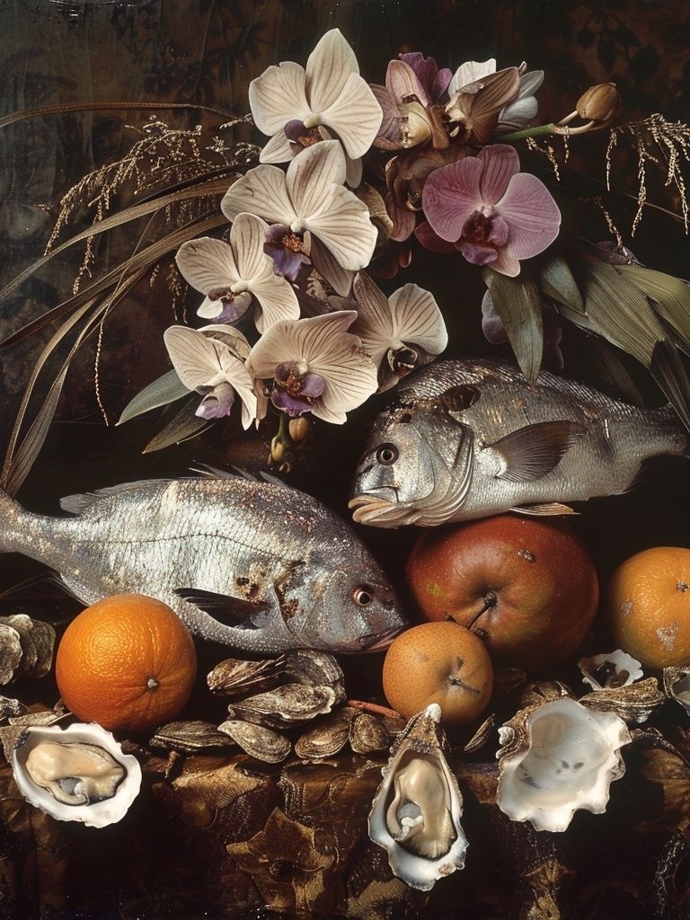 Still Life with Fish and Orchids Print. poster detail