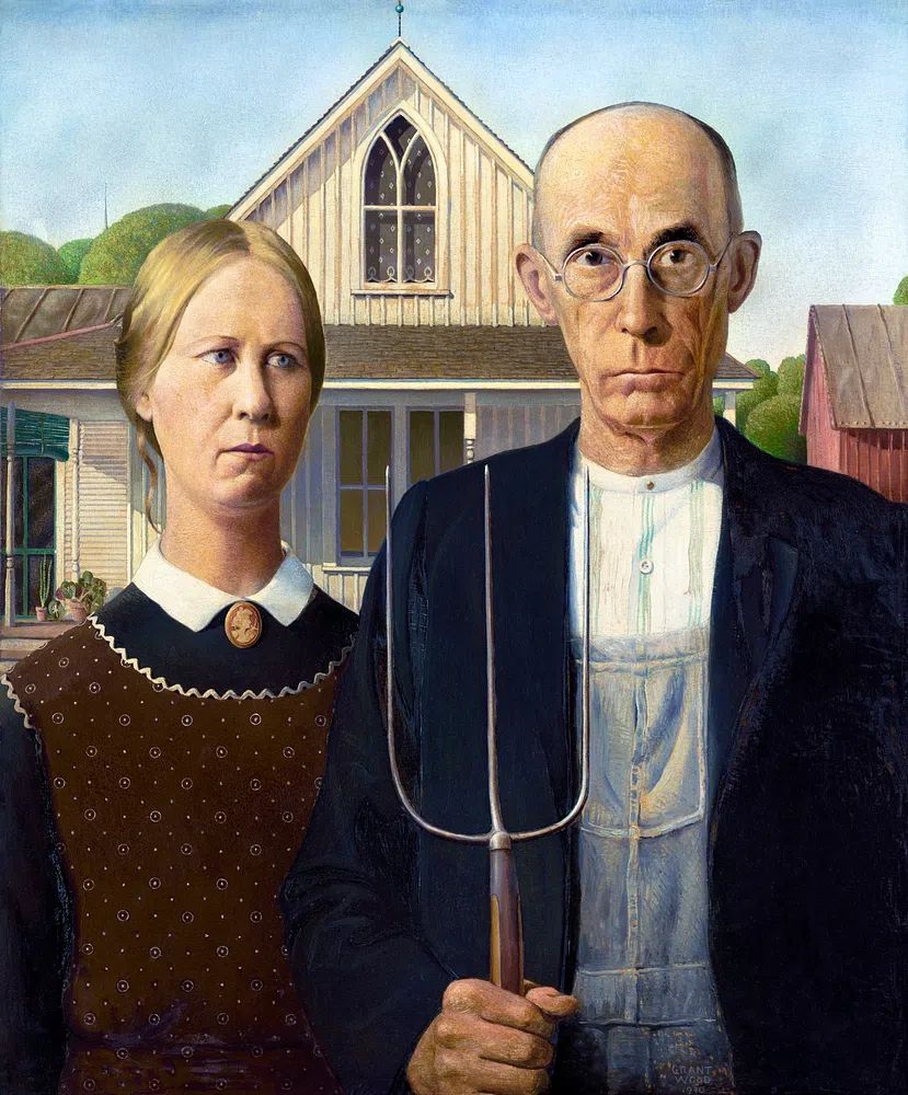 Grant Wood 's American Gothic. poster detail
