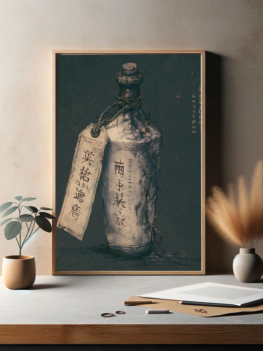Aged Sake Bottle Still Life Print. — room view 2
