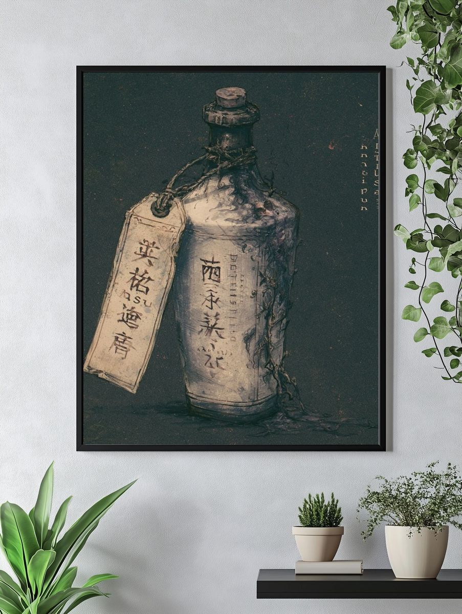 Aged Sake Bottle Still Life Print. — room view 4