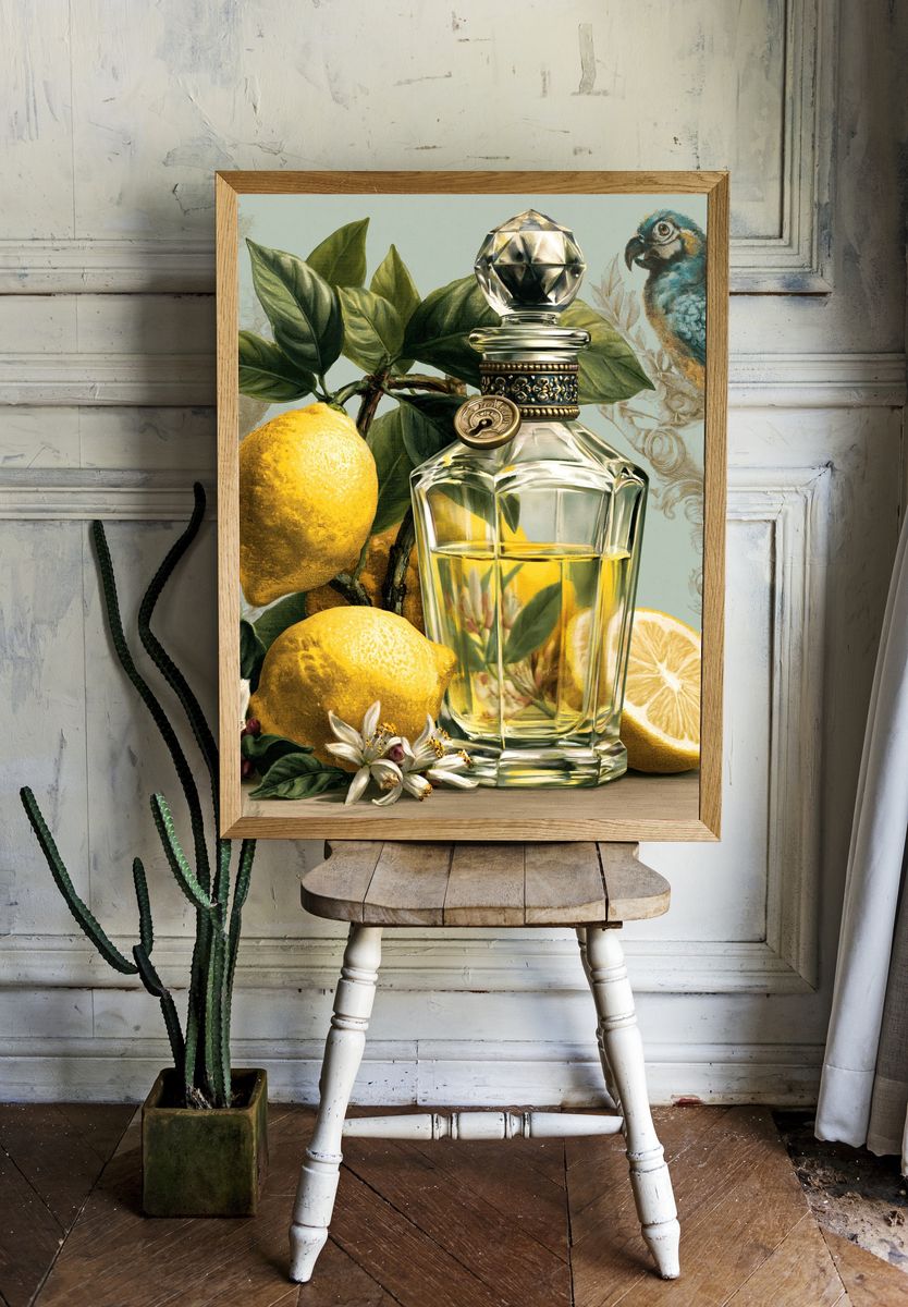 Lemon Perfume Still Life Poster. room preview
