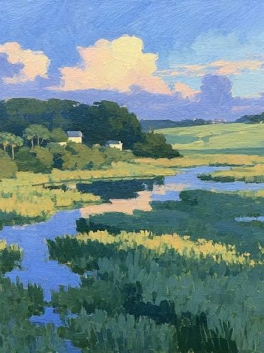 Pastoral River Landscape Print. poster — fine-art art
