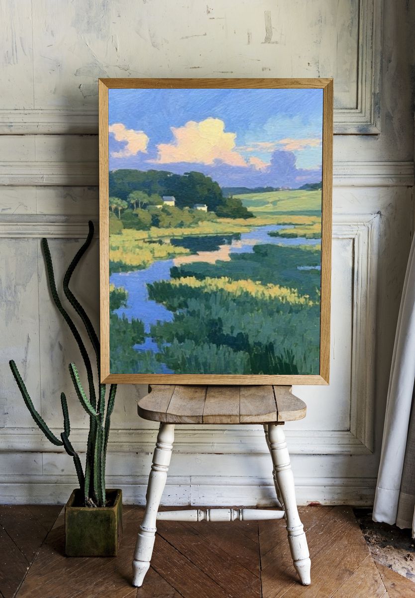 Pastoral River Landscape Print. room preview