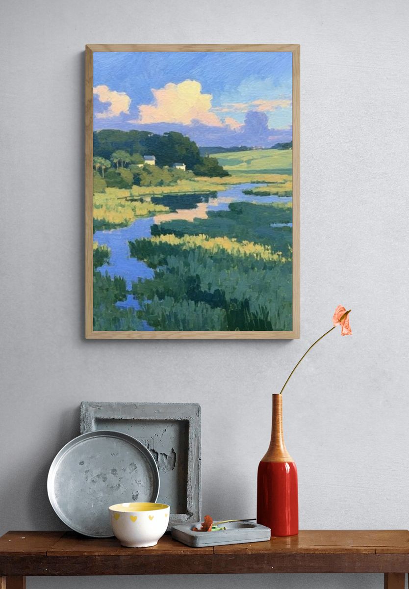 Pastoral River Landscape Print. — room view 3