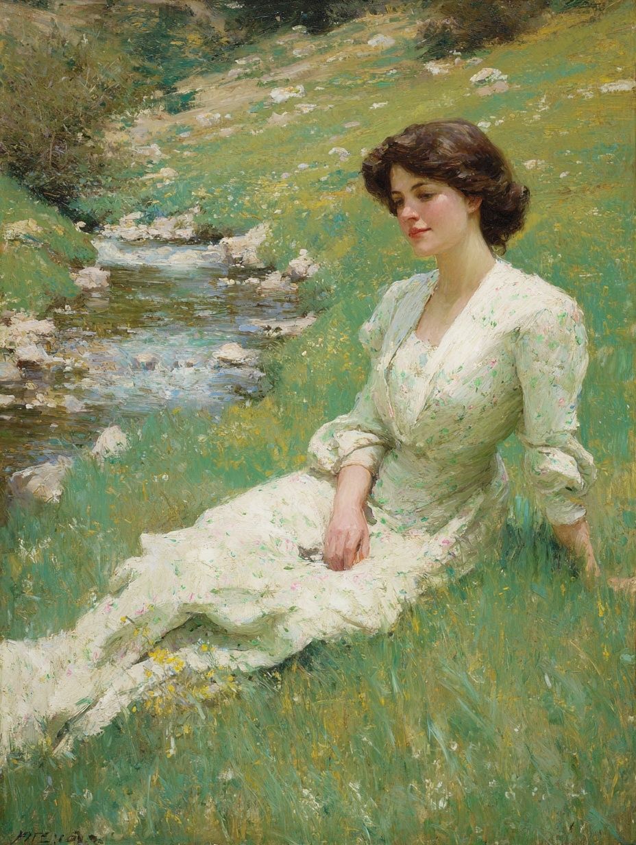 Serene Woman by the Stream — Fine Art Print. poster detail