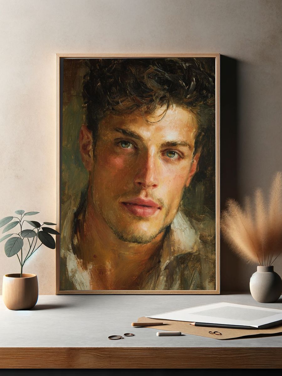 Young Man Portrait Oil Painting Poster. — room view 2