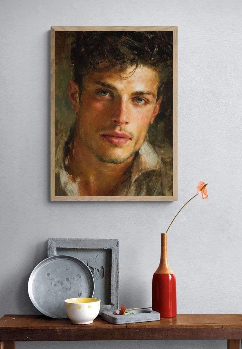 Young Man Portrait Oil Painting Poster. — room view 3