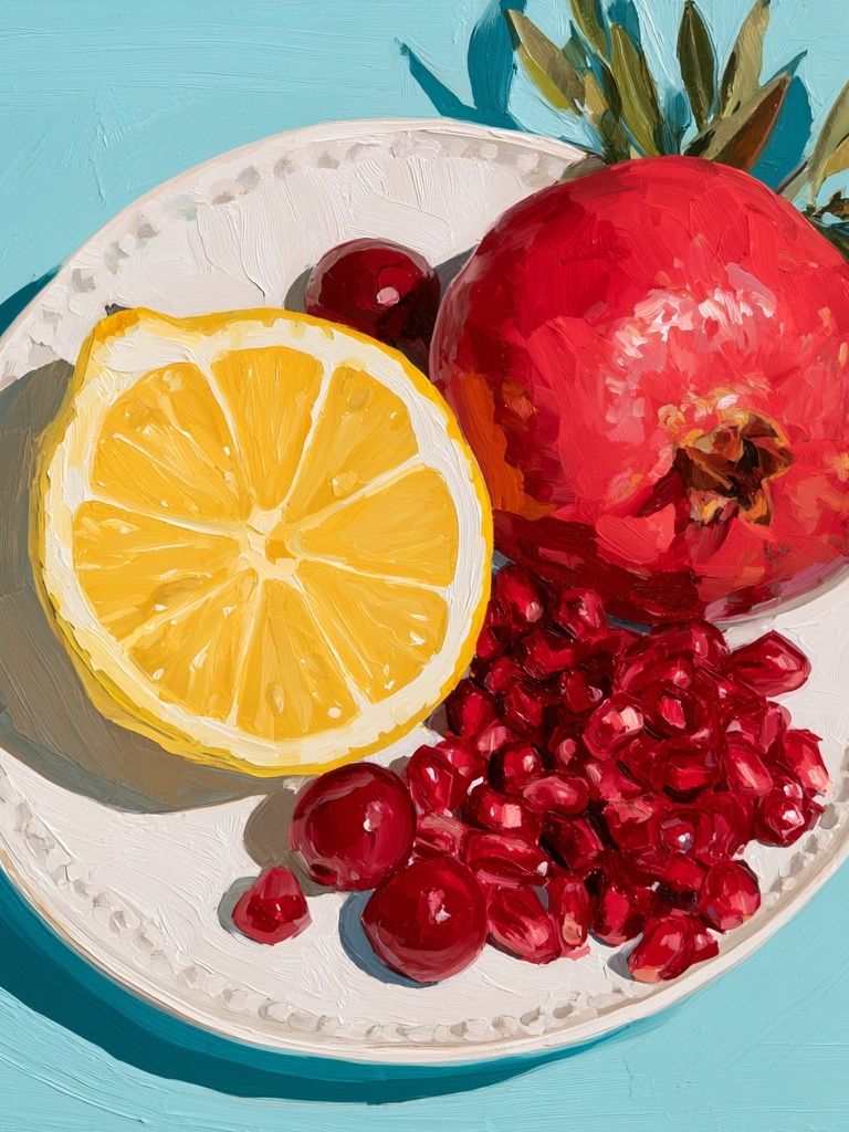 Pomegranate and Lemon Still Life Print. poster detail