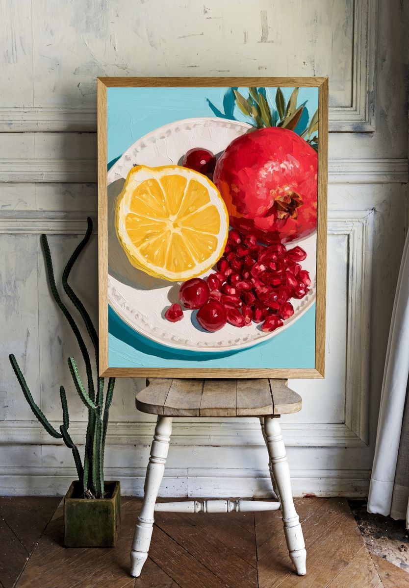 Pomegranate and Lemon Still Life Print. — room view 1