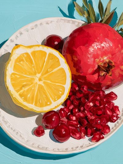 Pomegranate and Lemon Still Life Print. poster