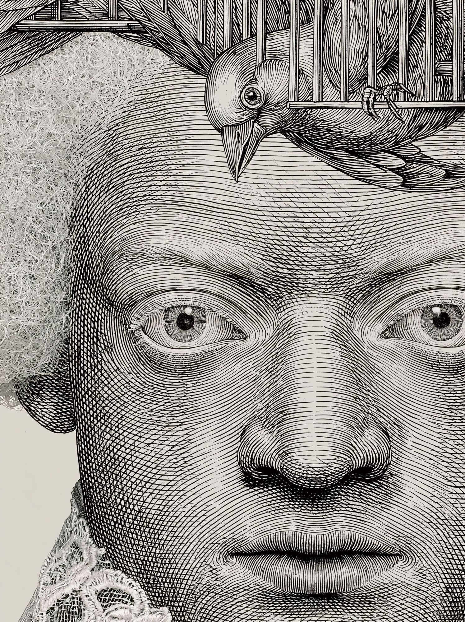 Engraved Portrait with Bird Print. poster detail