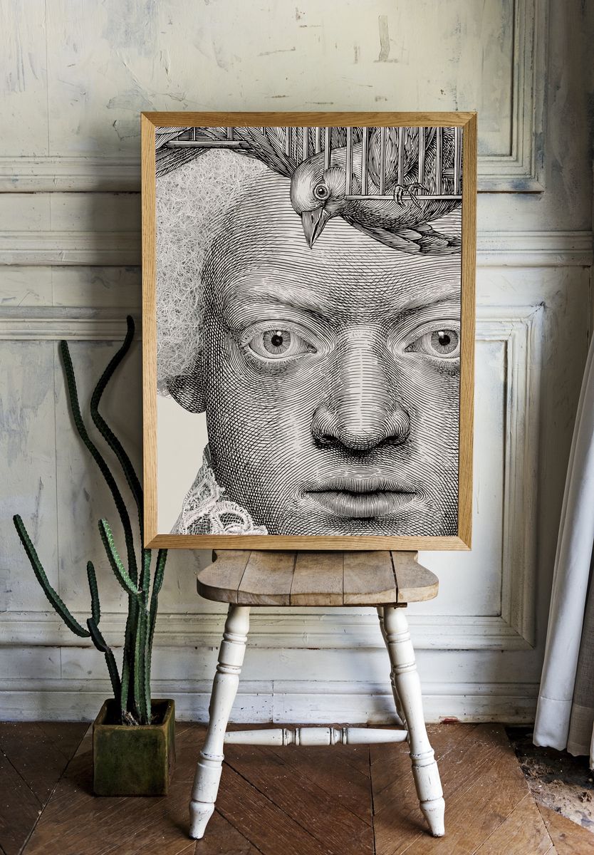 Engraved Portrait with Bird Print. room preview