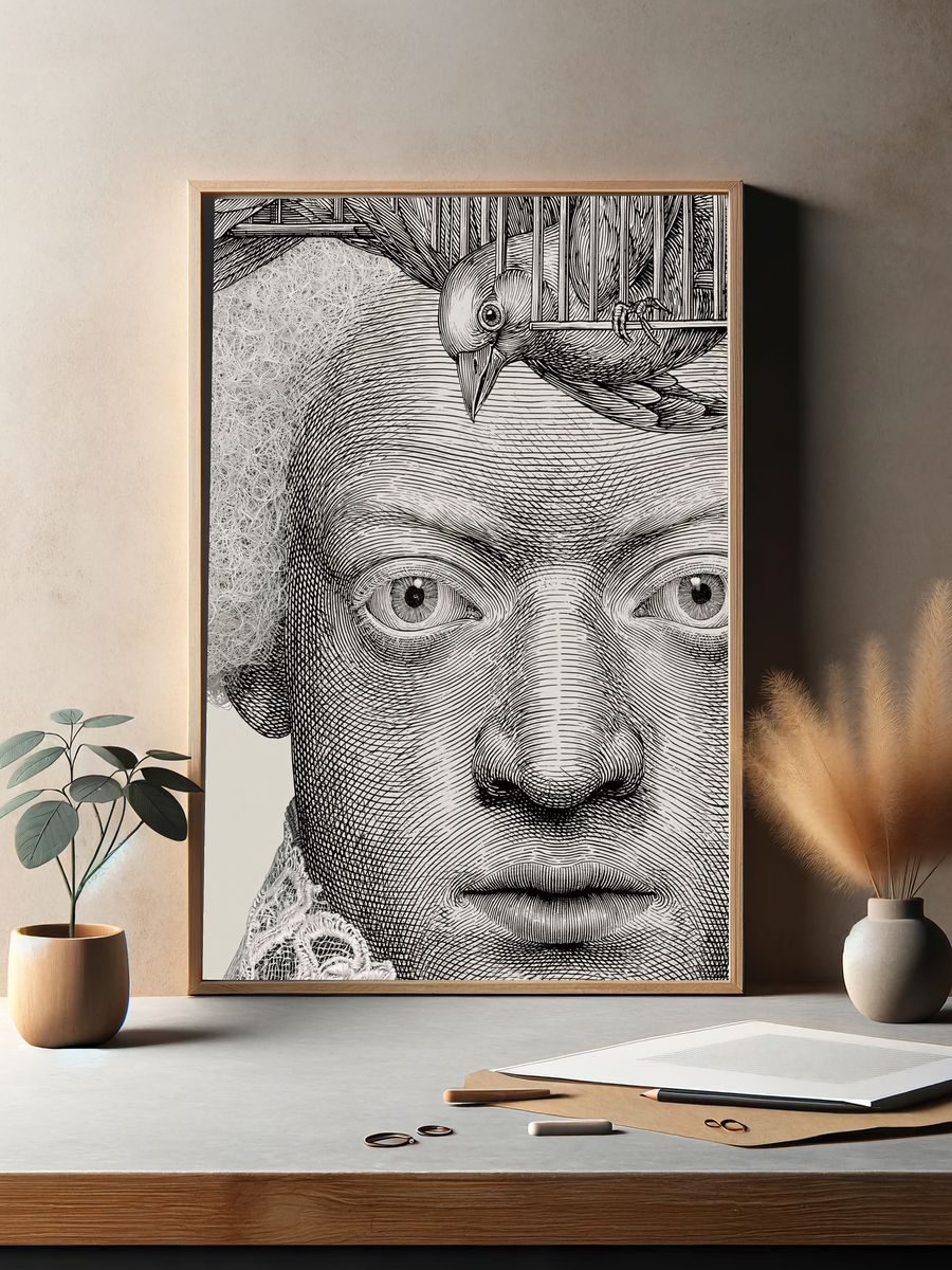 Engraved Portrait with Bird Print. — room view 2