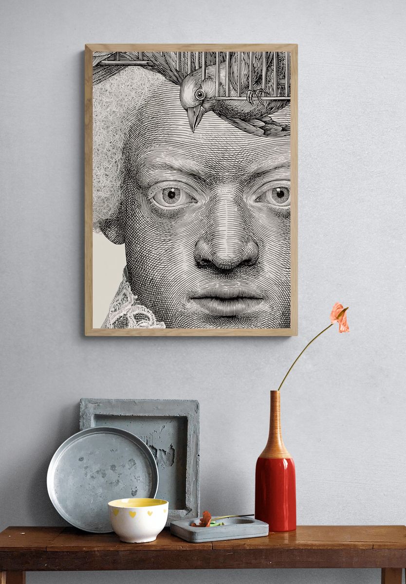 Engraved Portrait with Bird Print. — room view 3