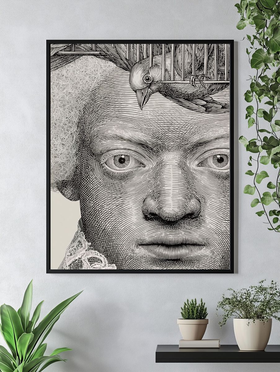Engraved Portrait with Bird Print. — room view 4