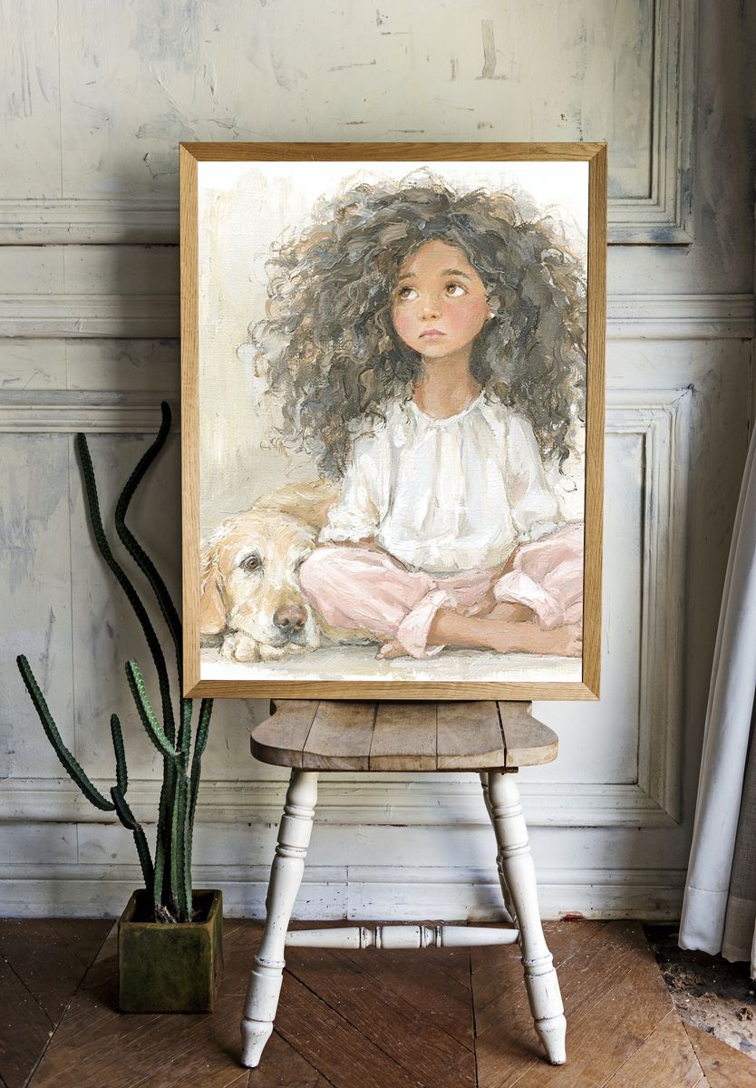 Girl and Dog Portrait Print. room preview