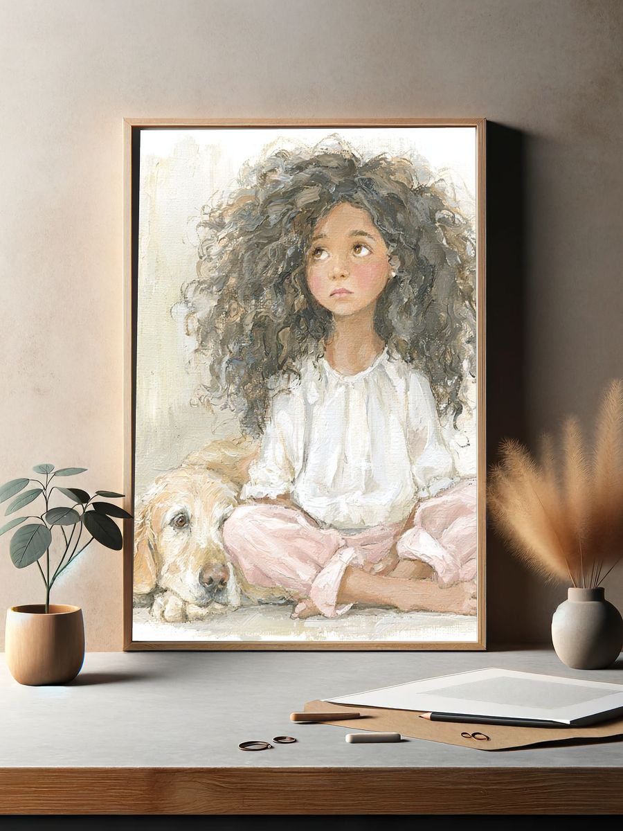 Girl and Dog Portrait Print. — room view 2