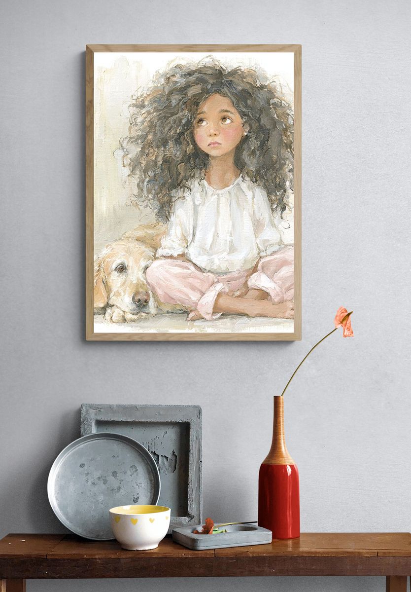 Girl and Dog Portrait Print. — room view 3