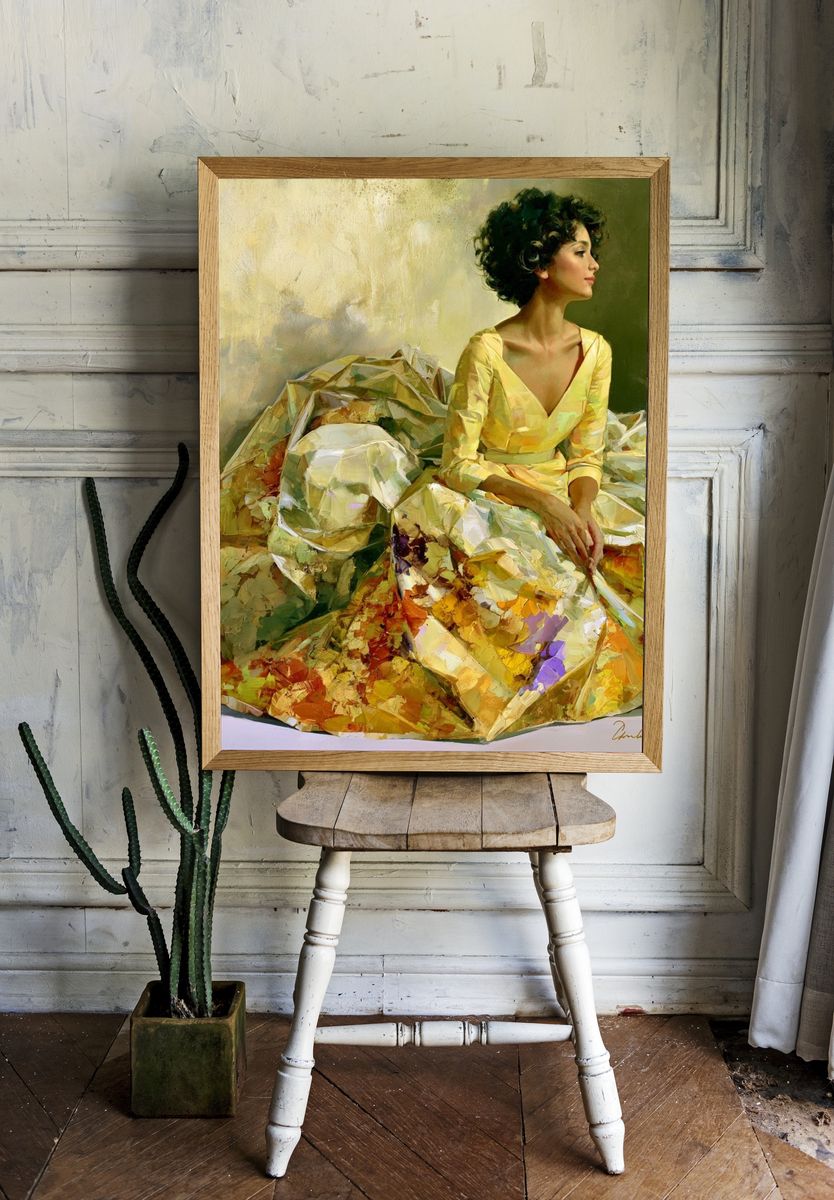 Elegant Woman in Yellow Fine-Art Poster. room preview